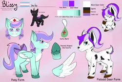 Size: 2101x1422 | Tagged: safe, artist:stitched-imp, derpibooru import, oc, oc:ayelet, oc:blissy, unofficial characters only, changeling, deer, pegasus, pony, :p, bow, chest fluff, cloven hooves, fangs, fluffy tail, glasses, hat, heart shaped hooves, image, mane bow, misspelling, nurse hat, piebald coloring, png, pride, pride flag, reference sheet, simple background, tail, tail bow, tongue out, transgender pride flag