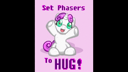 Size: 1280x720 | Tagged: safe, artist:melle-d, derpibooru import, edit, fifteen.ai, sweetie belle, pony, robot, robot pony, unicorn, animated, female, filly, foal, hooves, horn, hug request, image, looking at you, open mouth, set phasers to hug, simple background, sitting, solo, sweetie bot, webm