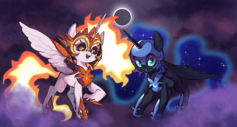 Size: 2048x1103 | Tagged: safe, artist:ikirunosindo, derpibooru import, daybreaker, nightmare moon, alicorn, pony, cute, diabreaker, duo, ear fluff, eclipse, ethereal mane, female, hoof shoes, image, jpeg, mist, moonabetes, open mouth, siblings, sisters, solar eclipse, spread wings, starry mane, stars, wings