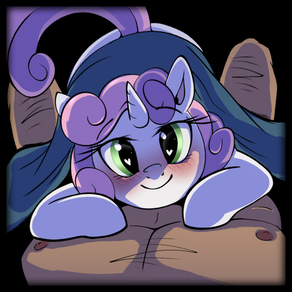 Size: 3000x3000 | Tagged: colorist needed, editor needed, source needed, suggestive, artist:cold-blooded-twilight, banned from derpibooru, color edit, edit, unauthorized edit, sweetie belle, human, pony, unicorn, bed, bedroom eyes, blushing, chest hair, colored, face down ass up, female, female focus, female on male, filly, filly on human male, foal, foalcon, heart, heart eyes, human on pony action, image, interspecies, looking at you, male, male nipples, male pov, nipples, nudity, offscreen character, offscreen male, on bed, on top, png, pov, raised tail, sheet, smiling, solo focus, spread legs, spreading, straight, tail, underage, wingding eyes