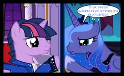 Size: 1280x790 | Tagged: safe, artist:bigsnusnu, derpibooru import, princess luna, twilight sparkle, alicorn, pony, unicorn, comic:dusk shine in pursuit of happiness, dialogue, dusk shine, duskluna, female, half r63 shipping, horn, image, lesbian, male, mare, png, rule 63, sad, sad eyes, shipping, spanish, spanish text, speech bubble, stallion, straight, twiluna, unicorn twilight, wings