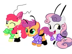 Size: 1024x768 | Tagged: safe, anonymous artist, derpibooru import, apple bloom, scootaloo, sweetie belle, cockroach, insect, cutie mark crusaders, green eyes, image, oggy and the cockroaches, open mouth, png, ribbon, simple background, white background