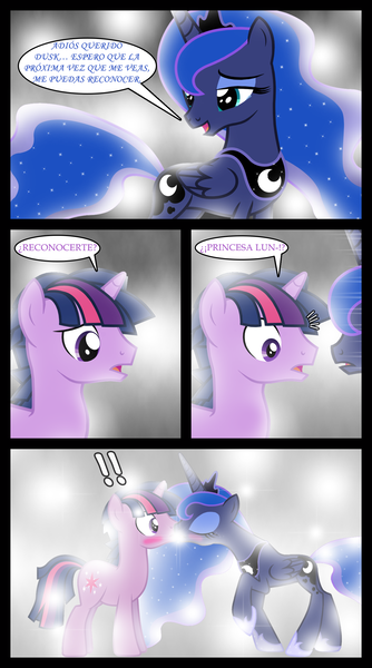 Size: 1280x2300 | Tagged: safe, artist:bigsnusnu, derpibooru import, princess luna, twilight sparkle, alicorn, pony, unicorn, comic:dusk shine in pursuit of happiness, blushing, dusk shine, duskluna, female, half r63 shipping, image, kissing, lesbian, male, png, rule 63, shipping, spanish, straight, translation, twiluna