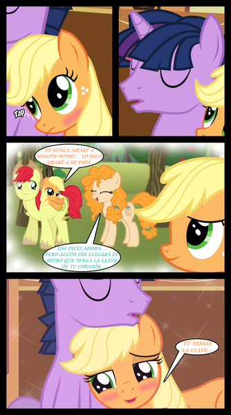 Size: 1280x2300 | Tagged: safe, artist:bigsnusnu, derpibooru import, applejack, bright mac, pear butter, twilight sparkle, comic:dusk shine in pursuit of happiness, blushing, comic, duskjack, dusk shine, female, half r63 shipping, happy, image, lesbian, male, png, rule 63, shipping, spanish, straight, translation, tree, twijack