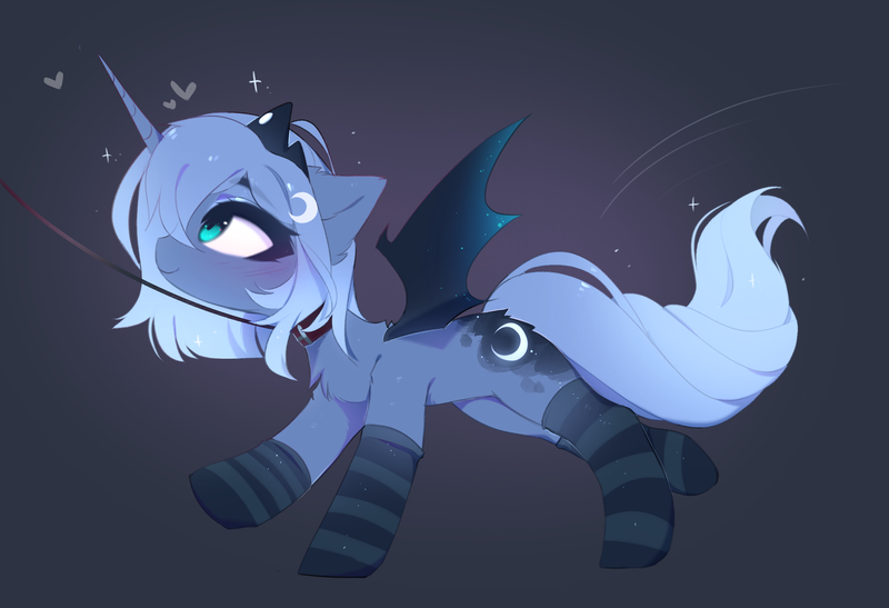 Size: 2309x1580 | Tagged: safe, artist:magnaluna, derpibooru import, princess luna, alicorn, pony, bat wings, clothes, cute, female, filly, floating heart, heart, image, leash, png, socks, spread wings, striped socks, wings