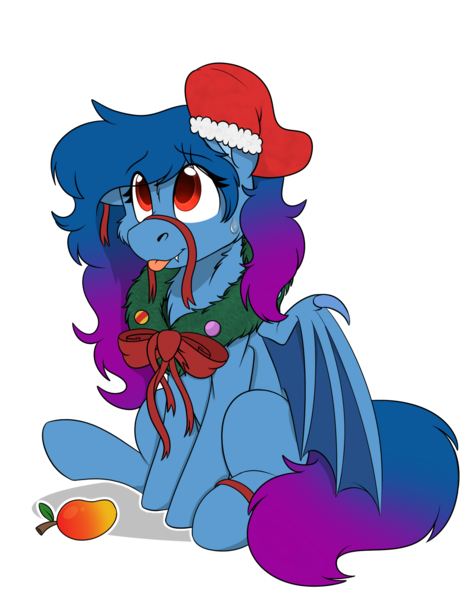 Size: 1744x2208 | Tagged: safe, artist:rokosmith26, derpibooru import, oc, oc:tazzee, unofficial characters only, bat pony, pony, bat pony oc, bat wings, bow, cheek fluff, chest fluff, christmas, christmas stocking, christmas wreath, commission, fangs, female, floppy ears, food, holiday, image, looking up, mango, mare, one ear down, png, raised hoof, ribbon, shadow, simple background, sitting, smiling, solo, sweat, sweatdrop, tail, tongue out, transparent background, wings, wreath, ych result