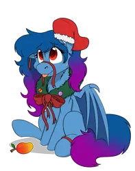 Size: 1744x2208 | Tagged: safe, artist:rokosmith26, derpibooru import, oc, oc:tazzee, unofficial characters only, bat pony, pony, bat pony oc, bat wings, bow, cheek fluff, chest fluff, christmas, christmas stocking, christmas wreath, commission, fangs, female, floppy ears, food, holiday, image, looking up, mango, mare, one ear down, png, raised hoof, ribbon, shadow, simple background, sitting, smiling, solo, sweat, sweatdrop, tail, tongue out, transparent background, wings, wreath, ych result