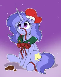 Size: 1744x2208 | Tagged: safe, artist:rokosmith26, derpibooru import, oc, unofficial characters only, pony, unicorn, bow, cheek fluff, chest fluff, christmas, christmas stocking, christmas wreath, coffee beans, commission, female, floppy ears, gradient background, holiday, horn, image, looking up, mare, one ear down, png, raised hoof, ribbon, simple background, sitting, smiling, solo, sweat, sweatdrop, tail, tongue out, unicorn oc, wreath, ych result