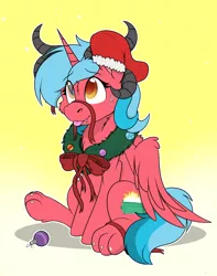 Size: 1744x2208 | Tagged: safe, artist:rokosmith26, derpibooru import, oc, unofficial characters only, alicorn, hybrid, original species, pony, bow, cheek fluff, chest fluff, christmas, christmas stocking, christmas wreath, commission, fangs, female, floppy ears, gradient background, holiday, horns, image, looking up, mare, one ear down, paws, png, raised arm, ribbon, simple background, sitting, smiling, solo, sweat, sweatdrop, tail, tongue out, wreath, ych result