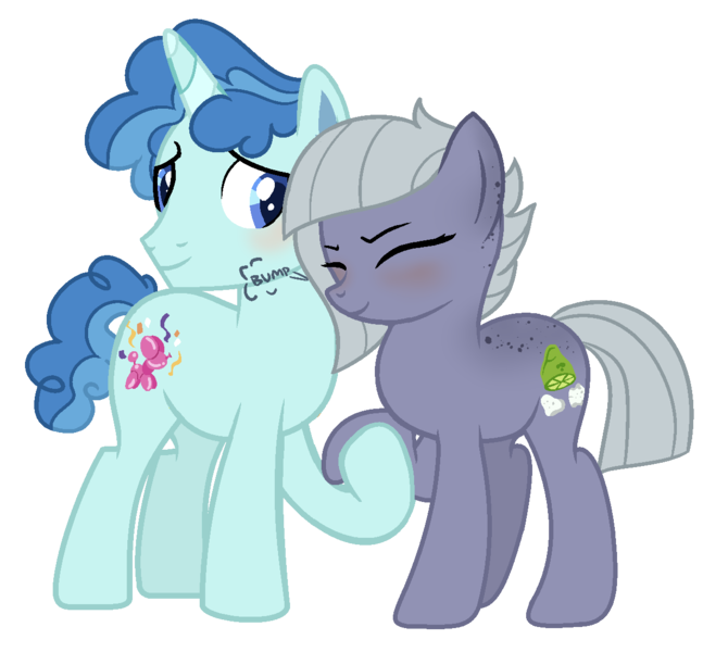 Size: 1236x1147 | Tagged: safe, artist:fcrestnymph, derpibooru import, limestone pie, party favor, pony, base used, blushing, bump, cheek to cheek, crack shipping, eyes closed, female, holding hooves, image, limefavor, male, png, shipping, simple background, smiling, straight, transparent background