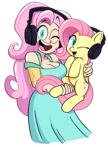 Size: 1280x1741 | Tagged: safe, artist:davidbaronart, derpibooru import, kotobukiya, fluttershy, human, pony, breasts, busty fluttershy, cleavage, clothes, dress, flutterchan, holding a pony, hugging a pony, human ponidox, image, kotobukiya fluttershy, looking at you, one eye closed, open mouth, open smile, png, self paradox, self ponidox, simple background, smiling, transparent background, wink