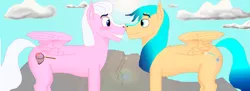 Size: 6951x2535 | Tagged: safe, alternate version, artist:aurora_s, derpibooru import, oc, oc:love net, oc:wonder stream, pegasus, pony, blushing, boop, cliff, cloud, cutie mark, day, derpibooru exclusive, gay, image, looking at each other, looking at someone, male, noseboop, pegasus oc, png, sky, stallion, wings