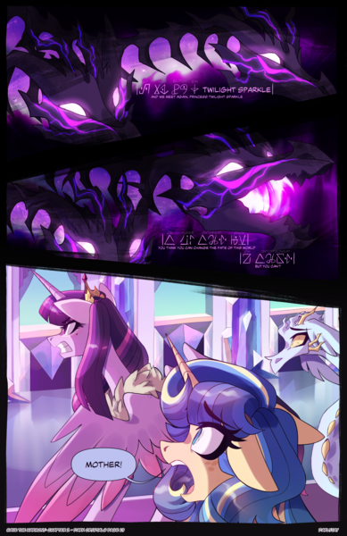 Size: 2301x3549 | Tagged: safe, artist:darlyjay, derpibooru import, twilight sparkle, twilight sparkle (alicorn), oc, oc:atlas, oc:sterling sentry, alicorn, dragon, pony, unicorn, comic:save the harmony, female, image, mare, offspring, parent:flash sentry, parent:twilight sparkle, parents:flashlight, png