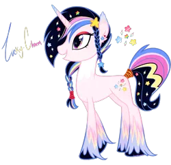 Size: 1260x1211 | Tagged: safe, artist:khimi-chan, derpibooru import, oc, unofficial characters only, pony, unicorn, braid, ethereal mane, eyelashes, female, horn, image, mare, png, simple background, smiling, solo, starry mane, tail, tail wrap, transparent background, unicorn oc, unshorn fetlocks