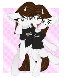 Size: 1786x2160 | Tagged: safe, artist:littleblackraencloud, derpibooru import, oc, oc:brittneigh ackermane, unofficial characters only, pony, unicorn, abstract background, bipedal, clothes, commission, duo, duo female, ear fluff, eye clipping through hair, female, frown, happy, horn, i'm with stupid, image, jpeg, mare, open mouth, open smile, raised leg, self paradox, self ponidox, shirt, smiling, t-shirt, ych example, your character here