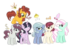 Size: 2537x1713 | Tagged: safe, artist:enifersuch, derpibooru import, oc, unofficial characters only, pegasus, pony, unicorn, base used, flying, group, hoof on chest, horn, image, magical lesbian spawn, offspring, parent:apple bloom, parent:bon bon, parent:cheese sandwich, parent:fleetfoot, parent:flim, parent:limestone pie, parent:lyra heartstrings, parent:marble pie, parent:maud pie, parent:pipsqueak, parent:spitfire, parent:starlight glimmer, parents:lyrabon, parents:pipbloom, parents:starmaud, pegasus oc, png, raised hoof, simple background, transparent background, unicorn oc, wings
