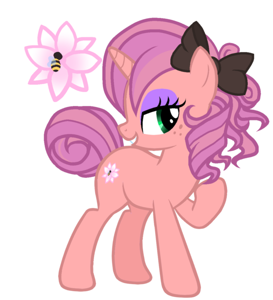 Size: 1200x1318 | Tagged: safe, artist:enifersuch, derpibooru import, oc, unofficial characters only, bee, insect, pony, unicorn, base used, bedroom eyes, bow, female, flower, hair bow, horn, image, makeup, mare, offspring, parent:big macintosh, parent:rarity, parents:rarimac, png, raised hoof, simple background, solo, transparent background, unicorn oc