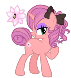 Size: 1200x1318 | Tagged: safe, artist:enifersuch, derpibooru import, oc, unofficial characters only, bee, insect, pony, unicorn, base used, bedroom eyes, bow, female, flower, hair bow, horn, image, makeup, mare, offspring, parent:big macintosh, parent:rarity, parents:rarimac, png, raised hoof, simple background, solo, transparent background, unicorn oc