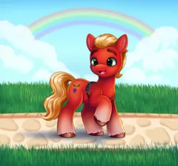 Size: 3000x2792 | Tagged: safe, artist:malarkey, derpibooru import, sprout cloverleaf, earth pony, pony, g5, image, male, one leg raised, png, rainbow, solo, stallion