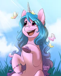 Size: 1057x1314 | Tagged: safe, artist:its-gloomy, derpibooru import, izzy moonbow, butterfly, insect, pony, unicorn, g5, grass, happy, image, jpeg, sky, smiling, solo