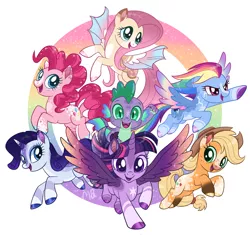 Size: 2090x1962 | Tagged: safe, artist:moccabliss, derpibooru import, applejack, fluttershy, pinkie pie, rainbow dash, rarity, spike, twilight sparkle, twilight sparkle (alicorn), alicorn, pony, alternate design, base used, bat wings, image, mane seven, mane six, png, twitterina design, wings