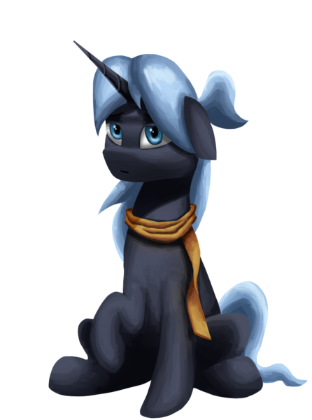 Size: 1000x1346 | Tagged: safe, artist:trotski432, derpibooru import, oc, oc:snowshine frost, pony, unicorn, derpibooru community collaboration, 2022 community collab, clothes, female, horn, image, mare, png, ponytail, raised hoof, scarf, sitting, solo