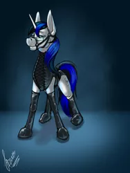 Size: 3000x4000 | Tagged: suggestive, artist:stirren, derpibooru import, oc, unofficial characters only, pony, unicorn, bdsm, bondage, bondage gear, bridle, commission, glasses, image, latex, png, posture collar, solo, tack, ych result