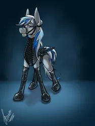 Size: 3000x4000 | Tagged: suggestive, artist:stirren, derpibooru import, oc, oc:lady lightning strike, unofficial characters only, pegasus, pony, bdsm, bondage, bondage gear, bridle, commission, image, latex, png, posture collar, solo, tack, ych result