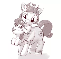 Size: 1463x1417 | Tagged: safe, artist:crade, ponybooru import, apple bloom, torque wrench, earth pony, pony, clothes, duo, female, filly, foal, grayscale, image, looking at each other, looking down, looking up, mare, monochrome, overalls, png, simple background, white background