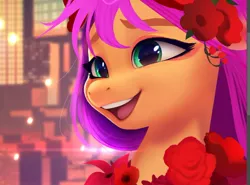 Size: 918x681 | Tagged: safe, artist:imalou, derpibooru import, sunny starscout, earth pony, pony, cute, eyeshadow, female, flower, flower in hair, g5, image, jpeg, makeup, mare, open mouth, rose, solo, sunnybetes, wip