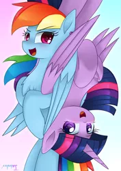 Size: 2480x3507 | Tagged: safe, artist:twidasher, derpibooru import, rainbow dash, twilight sparkle, twilight sparkle (alicorn), alicorn, pegasus, pony, blushing, chest fluff, duo, female, image, lesbian, mare, png, shipping, signature, twidash, upside down