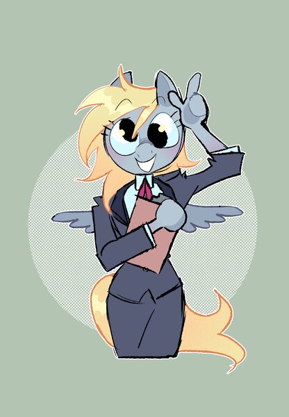 Size: 2013x2901 | Tagged: safe, artist:stevetwisp, derpibooru import, derpy hooves, anthro, pegasus, clipboard, clothes, grin, image, jpeg, looking at you, smiling, solo, spread wings, suit, wings