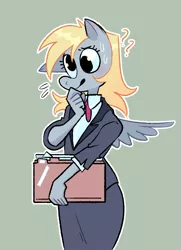 Size: 2090x2886 | Tagged: safe, artist:stevetwisp, derpibooru import, derpy hooves, anthro, pegasus, pony, clothes, confused, cute, derpabetes, folder, image, jpeg, nervous, office lady, question mark, solo, spread wings, suit, sweat, sweatdrops, winged anthro, wings