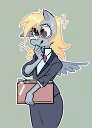 Size: 2090x2886 | Tagged: safe, alternate version, artist:stevetwisp, derpibooru import, derpy hooves, anthro, pegasus, pony, clothes, confused, cute, derpabetes, folder, glasses, image, jpeg, meganekko, nervous, office lady, question mark, round glasses, solo, spread wings, suit, sweat, sweatdrops, winged anthro, wings