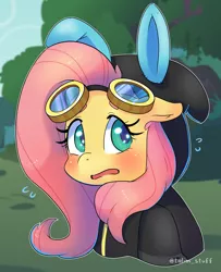 Size: 2000x2466 | Tagged: safe, artist:talimingi, derpibooru import, fluttershy, pegasus, pony, blushing, bust, clothes, costume, cute, dangerous mission outfit, female, floppy ears, goggles, high res, hoodie, image, mare, png, shyabetes, solo