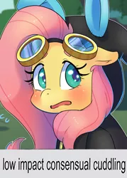 Size: 1452x2024 | Tagged: safe, alternate version, artist:talimingi, derpibooru import, fluttershy, pegasus, pony, blushing, bust, clothes, costume, cute, dangerous mission outfit, female, floppy ears, goggles, high impact sexual violence, hoodie, image, jpeg, mare, meme, shyabetes, solo