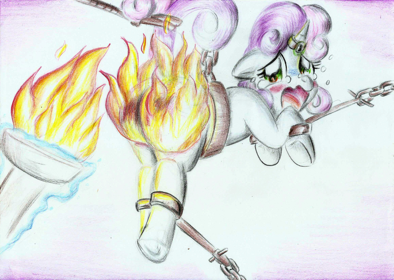 Size: 2326x1658 | Tagged: grimdark, suggestive, artist:3500joel, derpibooru import, sweetie belle, pony, unicorn, blushing, bondage, burn, burned, burned butt, burned butt fetish, butt, butt fire, crying, female, fetish, filly, fire, horn, horn ring, image, jewelry, jpeg, magic, magic suppression, manacles, offscreen character, open mouth, ring, solo, telekinesis, torch, torture, traditional art