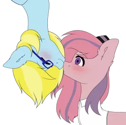 Size: 4024x4011 | Tagged: safe, artist:torihime, derpibooru import, oc, oc:cloud cuddler, oc:sweet haze, unofficial characters only, earth pony, pegasus, pony, accessories, blushing, clothes, cute, female, glasses, hat, image, kissing, male, png, shipping, shirt, simple background, transparent background, upside down, upside down kiss