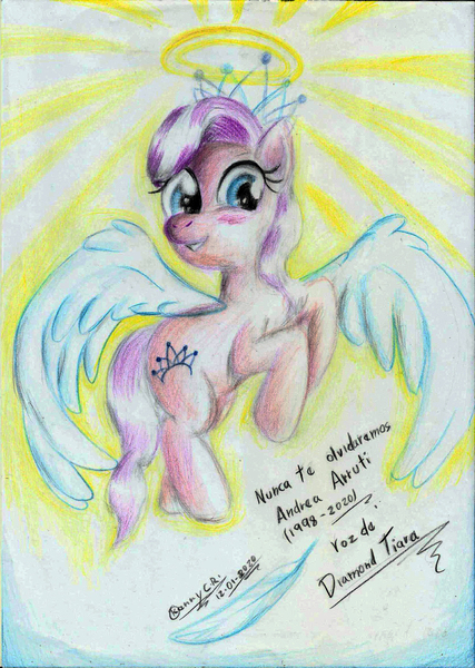 Size: 1663x2338 | Tagged: safe, artist:3500joel, derpibooru import, diamond tiara, earth pony, pony, andrea arruti, angel, female, filly, flying, halo, image, jpeg, rest in peace, signature, smiling, solo, spanish, spirit, traditional art, tribute, voice actor