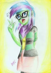 Size: 1654x2339 | Tagged: safe, artist:3500joel, derpibooru import, oc, oc:stormlight, unofficial characters only, equestria girls, clothes, equestria girls oc, female, glasses, image, jpeg, open mouth, skirt, solo, traditional art