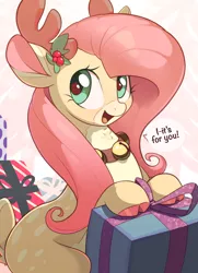 Size: 2000x2768 | Tagged: safe, artist:nookprint, derpibooru import, fluttershy, deer, reindeer, bell, bell collar, christmas, collar, holiday, holly, image, open mouth, png, present, reindeerified, solo, species swap, talking to viewer