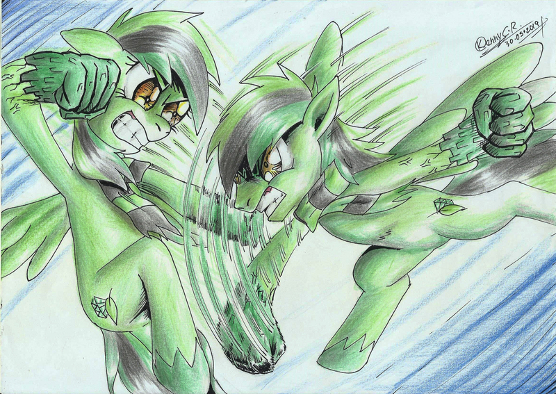 Size: 2332x1654 | Tagged: safe, artist:3500joel, derpibooru import, oc, oc:diamond green, unofficial characters only, pegasus, pony, artificial hands, duo, female, fight, gritted teeth, image, jpeg, male, pegasus oc, speed lines, wings