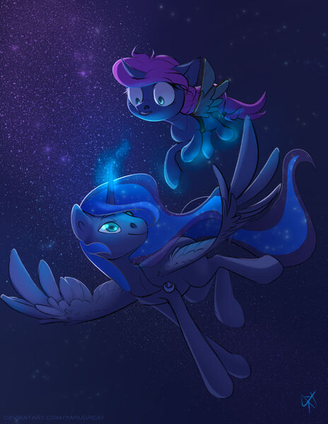 Size: 1280x1655 | Tagged: safe, artist:yarugreat, derpibooru import, princess luna, oc, oc:seline, alicorn, pony, unicorn, commission, duo, female, horn, image, jpeg, mother and child, mother and daughter, offspring, parent:oc:azure night, parent:princess luna, parents:azuna, parents:canon x oc, unicorn oc, ych result