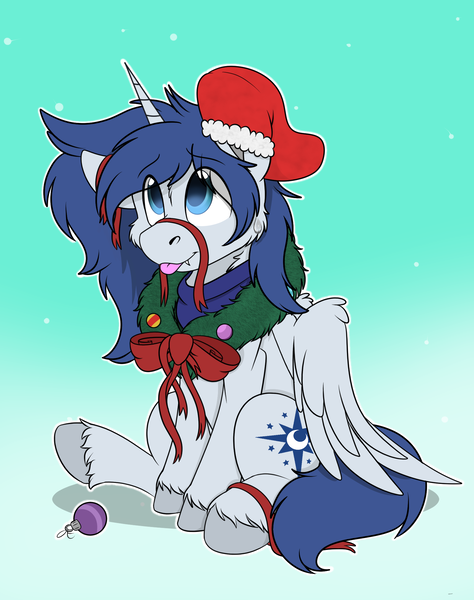 Size: 1744x2208 | Tagged: safe, artist:rokosmith26, derpibooru import, oc, oc:prince nova, unofficial characters only, alicorn, pony, alicorn oc, bow, cheek fluff, chest fluff, christmas, christmas stocking, christmas wreath, commission, fangs, floppy ears, gradient background, holiday, horn, image, looking up, male, one ear down, png, raised hoof, ribbon, shadow, simple background, sitting, smiling, solo, stallion, sweat, sweatdrop, tail, tongue out, unshorn fetlocks, wings, wreath, ych result