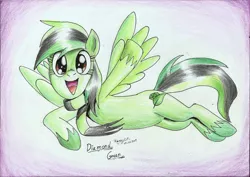 Size: 2337x1656 | Tagged: safe, artist:3500joel, derpibooru import, oc, oc:diamond green, unofficial characters only, pony, female, image, jpeg, looking at you, open mouth, solo, traditional art, waving