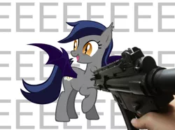 Size: 1080x804 | Tagged: safe, artist:zee66, derpibooru import, edit, oc, oc:echo, unofficial characters only, bat pony, human, pony, eeee, gun, happy, image, irl, irl human, looking back, mp5, photo, png, weapon