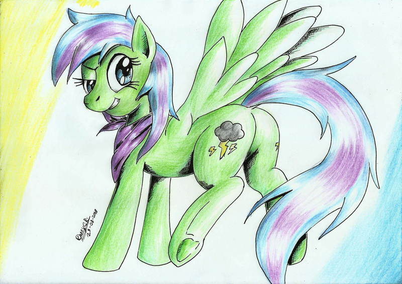 Size: 2335x1655 | Tagged: safe, artist:3500joel, derpibooru import, oc, oc:stormlight, unofficial characters only, pegasus, pony, butt, female, grin, image, jpeg, looking back, pegasus oc, plot, smiling, solo, traditional art, wings