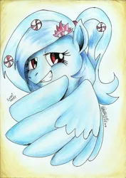 Size: 1658x2336 | Tagged: safe, artist:3500joel, derpibooru import, oc, oc:sweet candy, unofficial characters only, pegasus, pony, female, grin, hair ornament, image, jpeg, pegasus oc, smiling, solo, wings