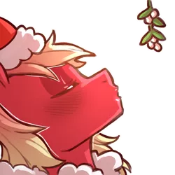 Size: 1159x1159 | Tagged: safe, artist:cold-blooded-twilight, derpibooru import, big macintosh, earth pony, pony, blushing, christmas, clothes, costume, eyes closed, hat, holiday, image, kissing, kissy face, male, mistletoe, png, santa costume, santa hat, side view, simple background, solo, transparent background