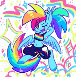 Size: 1975x2004 | Tagged: safe, artist:creepincrawl, derpibooru import, rainbow dash, anthro, digitigrade anthro, pegasus, arm behind head, bare arms, belly button, bipedal, clothes, ear piercing, earring, eye clipping through hair, eyebrows, eyebrows visible through hair, fangs, female, hooves, image, jewelry, jpeg, midriff, multicolored tail, one eye closed, pants, piercing, ponytail, solo, sports bra, spread wings, sweatpants, tail, wings